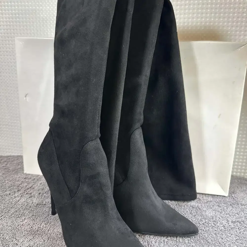 Steve Madden Dominique Black Micro Suede Thigh High Pointed Toe Stiletto Boots